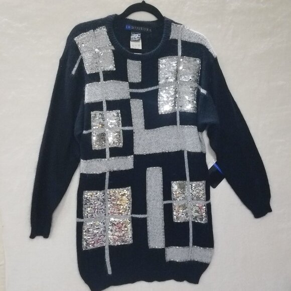 IB Diffusion Womens M Black Silvers Silk Sweater Sequins Beaded Front NWT Vntg‎ - Picture 2 of 14